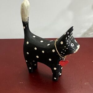 Vintage Wood Cat Figurine Ring Holder Tail Black White Polka Dots Folk Art 5”